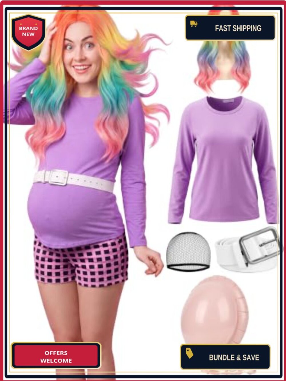 5 Pc Adult Halloween Costume Kit Wavy Wig Long Sleeve Top Belt Inflatable Belly